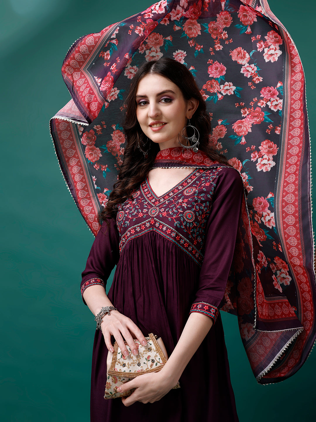 Alia Cut Embroidered Kurta With Pant & Printed Dupatta, Multicolor - Hiral Fashion - Distacart