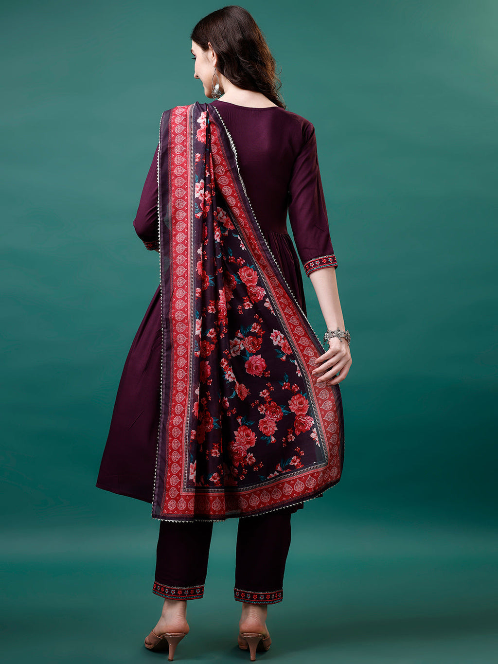Alia Cut Embroidered Kurta With Pant & Printed Dupatta, Multicolor - Hiral Fashion - Distacart