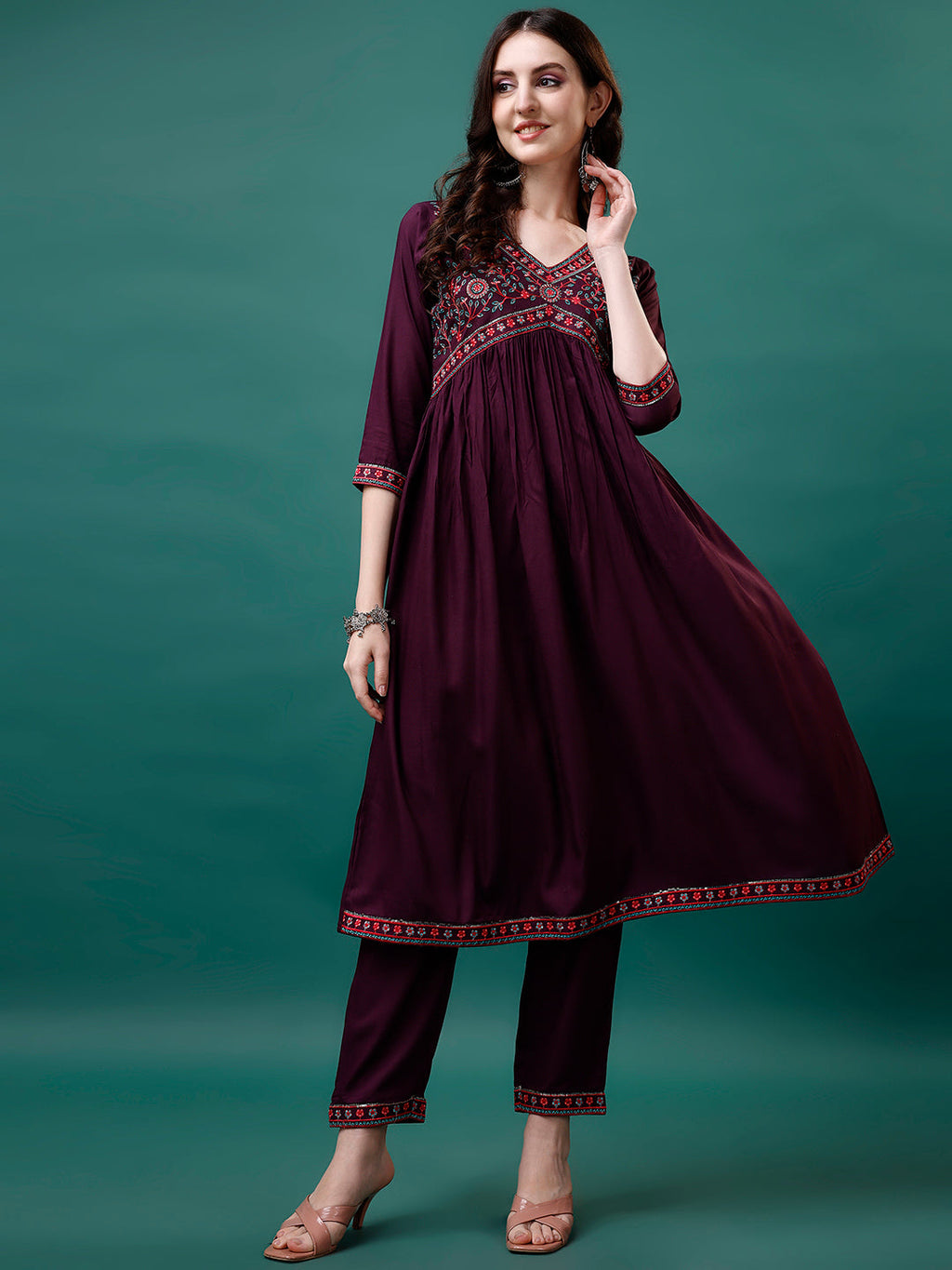 Alia Cut Embroidered Kurta With Pant & Printed Dupatta, Multicolor - Hiral Fashion - Distacart