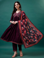 Alia Cut Embroidered Kurta With Pant & Printed Dupatta, Multicolor - Hiral Fashion - Distacart