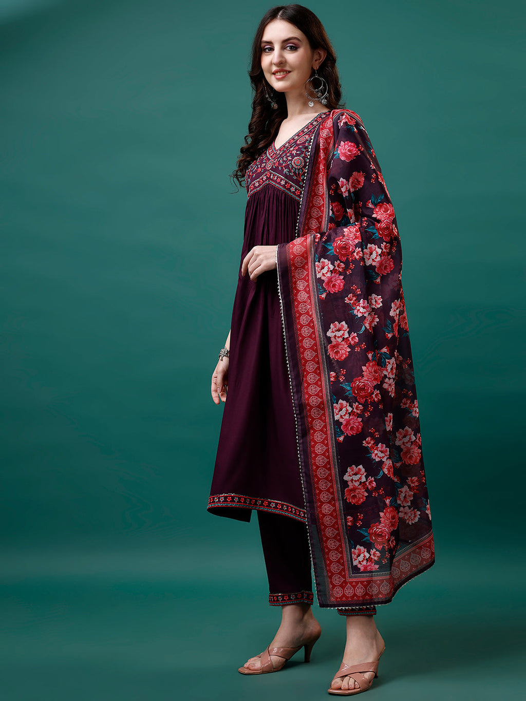 Alia Cut Embroidered Kurta With Pant & Printed Dupatta, Multicolor - Hiral Fashion - Distacart