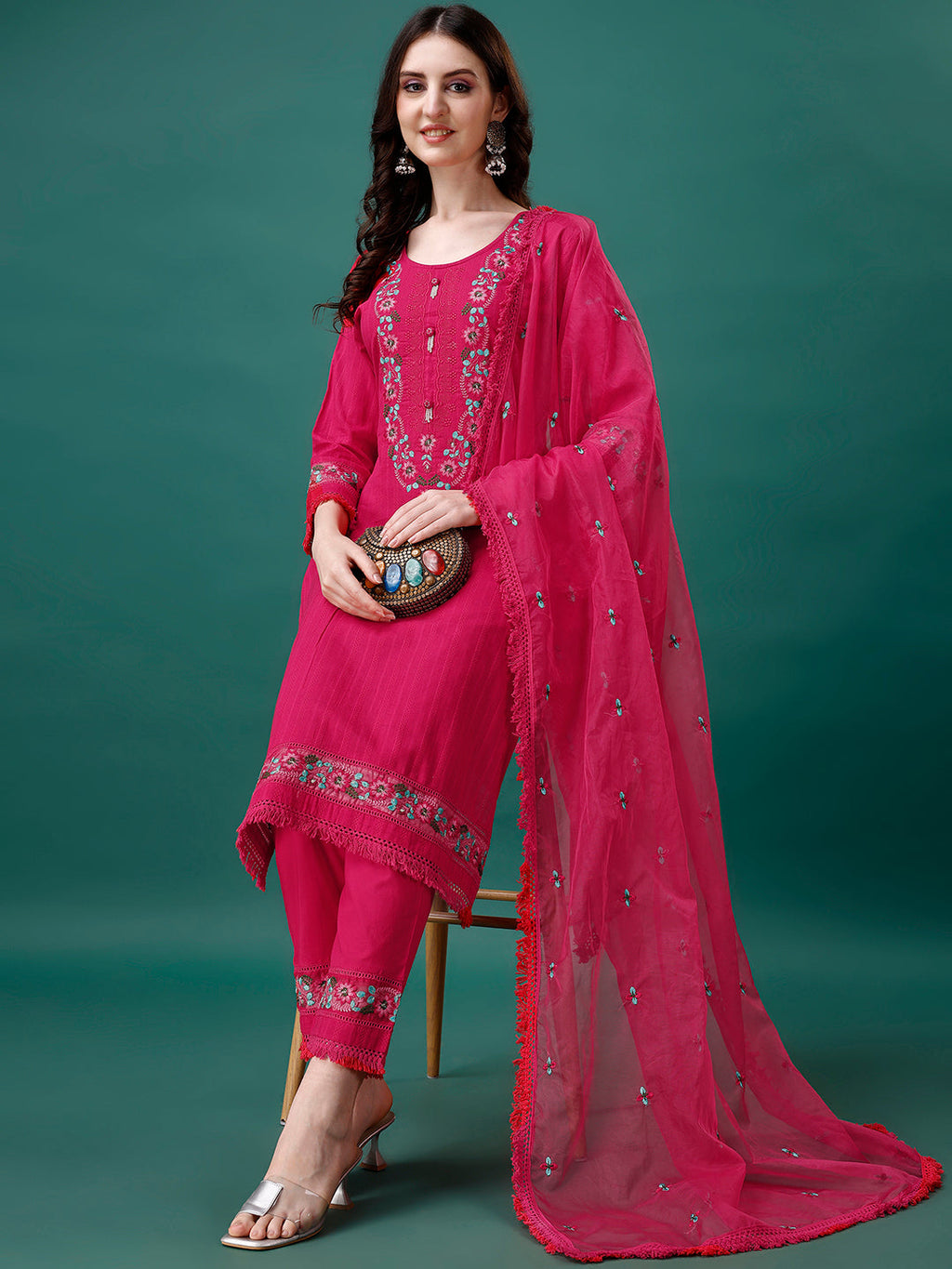 Embroidered Kurta With Pant & Embroidered Organza Dupatta, Multicolor - Hiral Fashion - Distacart