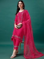 Embroidered Kurta With Pant & Embroidered Organza Dupatta, Multicolor - Hiral Fashion - Distacart