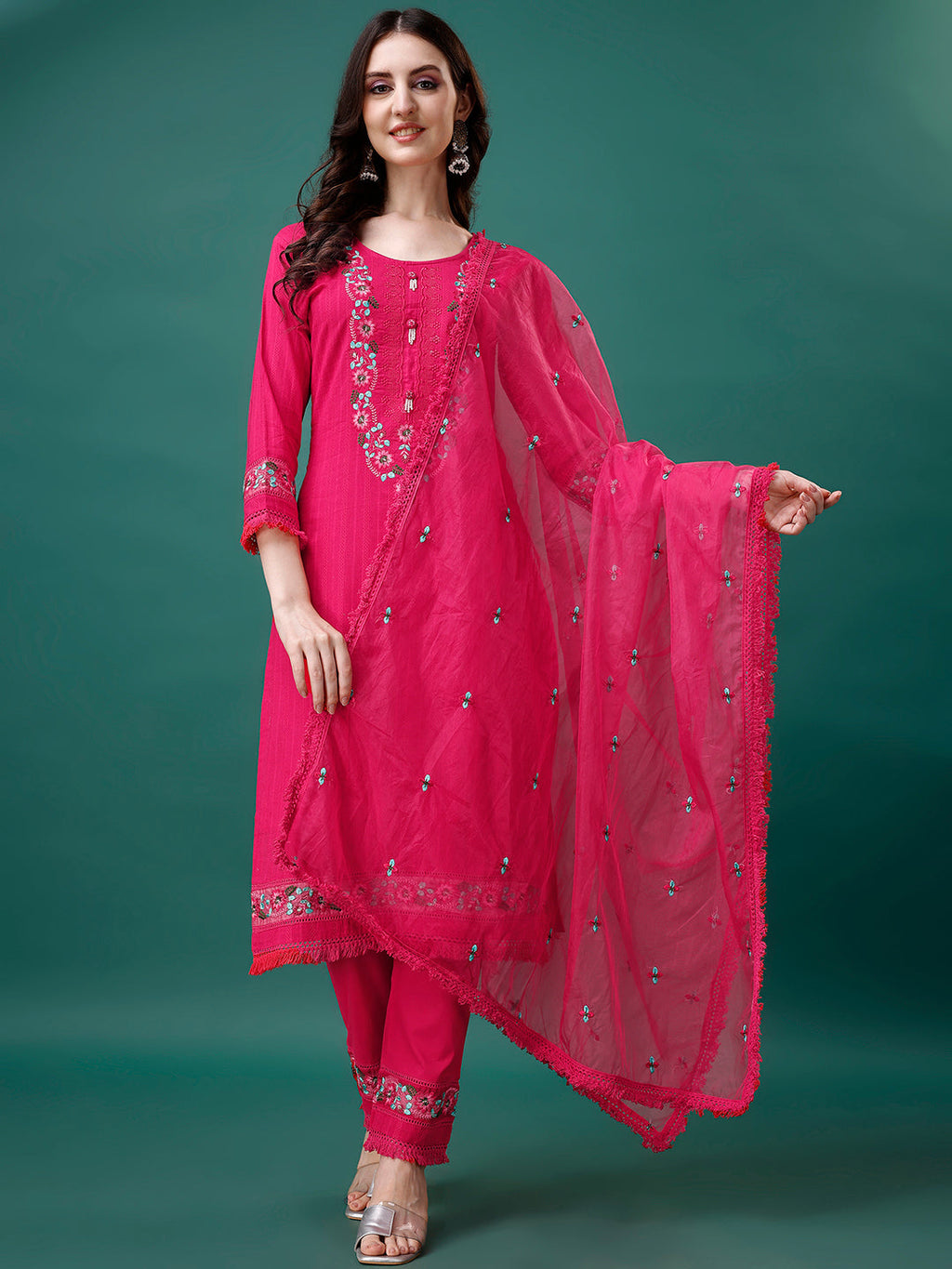Embroidered Kurta With Pant & Embroidered Organza Dupatta, Multicolor - Hiral Fashion - Distacart