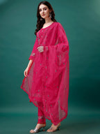 Embroidered Kurta With Pant & Embroidered Organza Dupatta, Multicolor - Hiral Fashion - Distacart