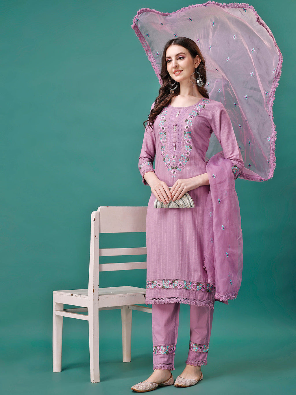 Embroidered Kurta With Pant & Embroidered Organza Dupatta, Multicolor - Hiral Fashion - Distacart