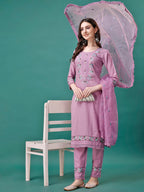 Embroidered Kurta With Pant & Embroidered Organza Dupatta, Multicolor - Hiral Fashion - Distacart