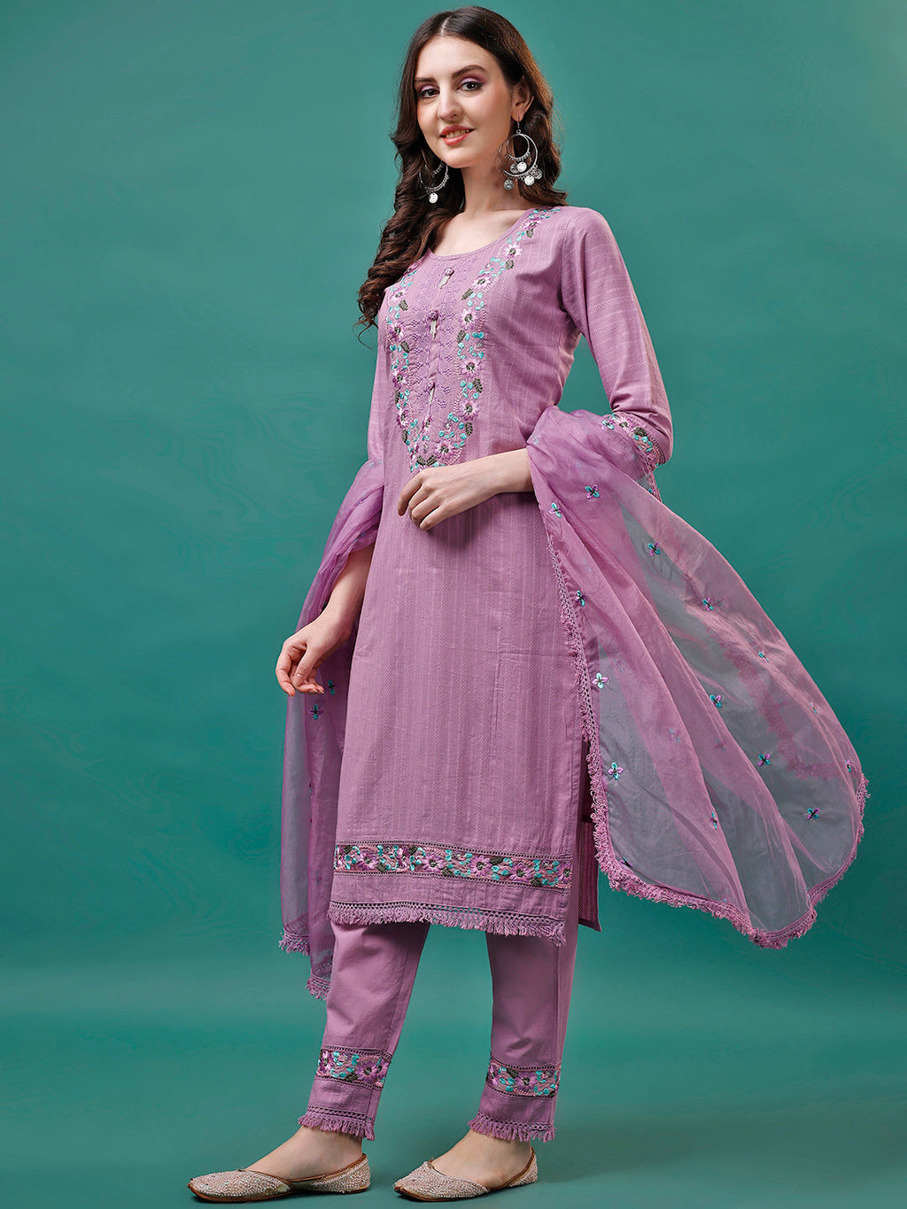 Embroidered Kurta With Pant & Embroidered Organza Dupatta, Multicolor - Hiral Fashion - Distacart