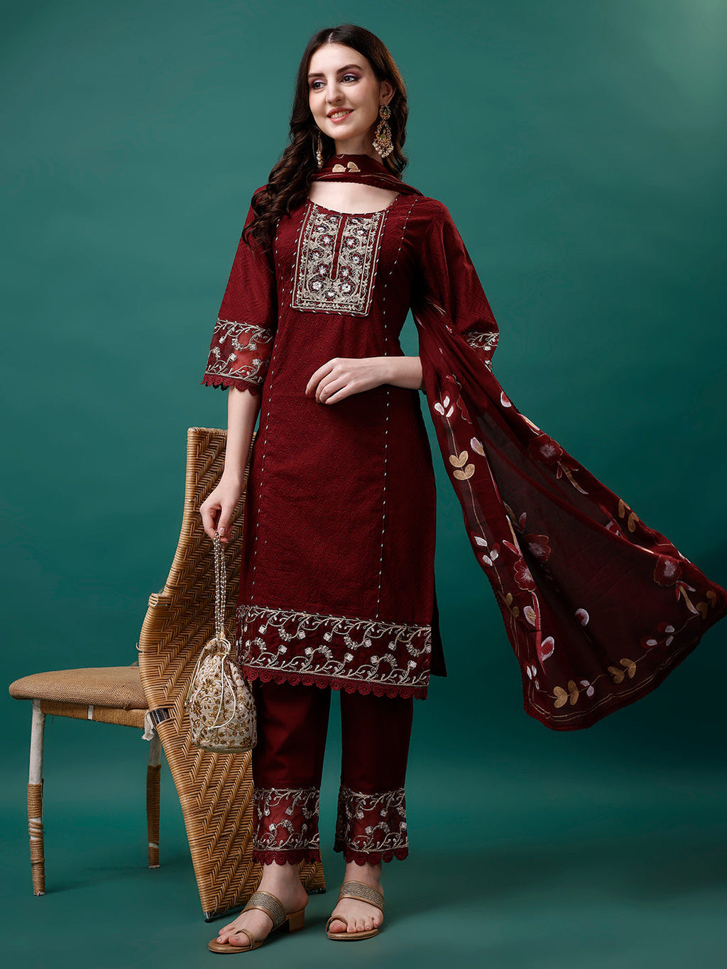 Embroidered Kurta With Pant & Embroidered Printed Dupatta, Multicolor - Hiral Fashion - Distacart