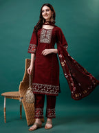Embroidered Kurta With Pant & Embroidered Printed Dupatta, Multicolor - Hiral Fashion - Distacart