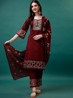 Embroidered Kurta With Pant & Embroidered Printed Dupatta, Multicolor - Hiral Fashion - Distacart
