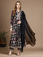 Floral Printed & Embroidered Anarkali Kurta With Embroidered Pant & Dupatta Premium Luxury, Multicolor - Hiral Fashion - Distacart