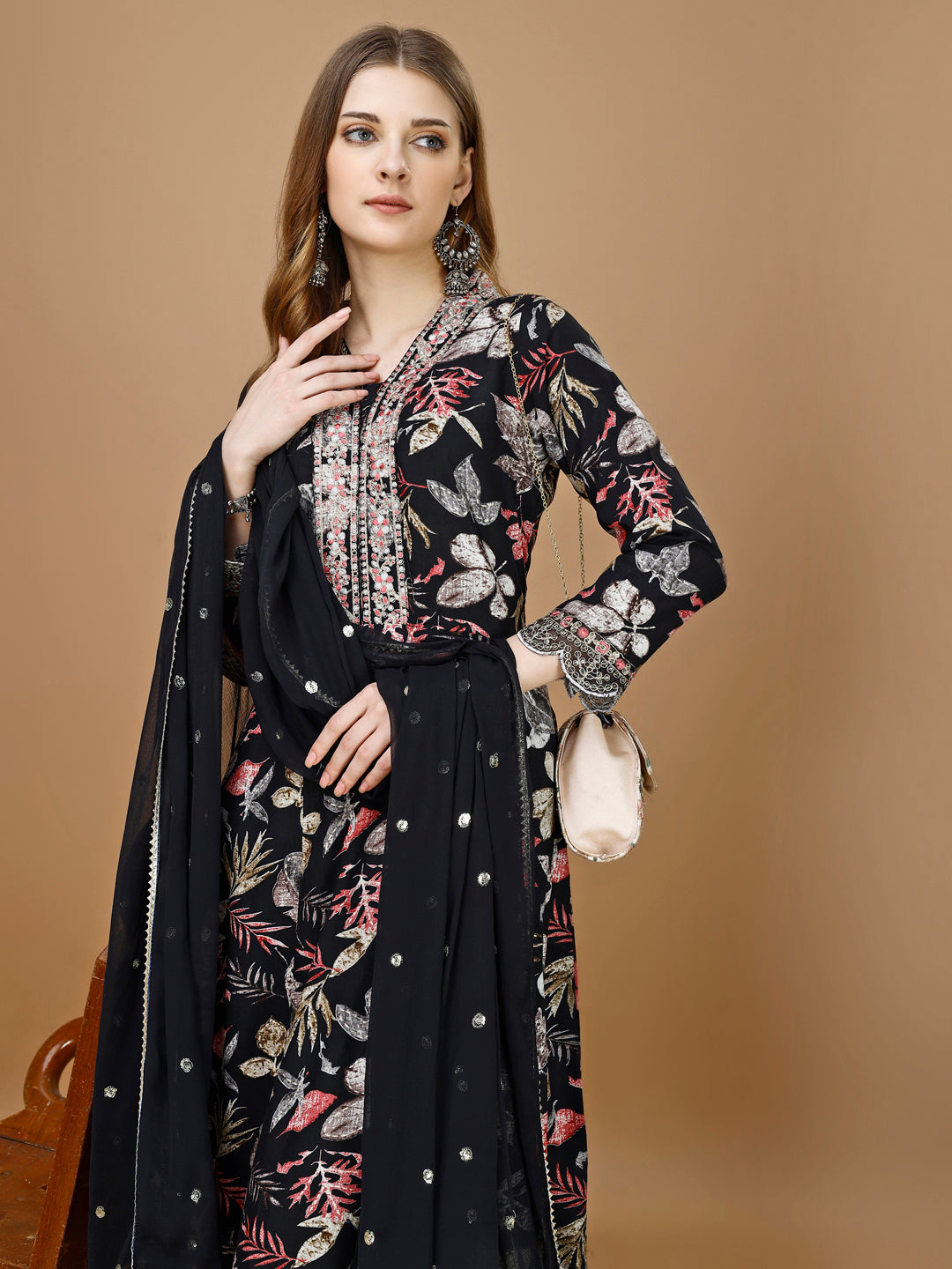 Floral Printed & Embroidered Anarkali Kurta With Embroidered Pant & Dupatta Premium Luxury, Multicolor - Hiral Fashion - Distacart