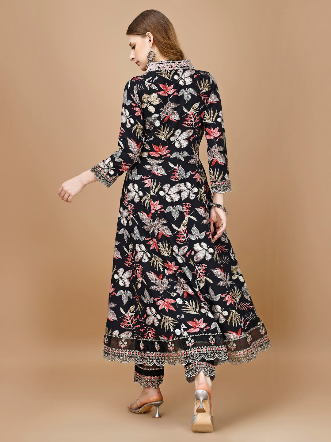 Floral Printed & Embroidered Anarkali Kurta With Embroidered Pant & Dupatta Premium Luxury, Multicolor - Hiral Fashion - Distacart