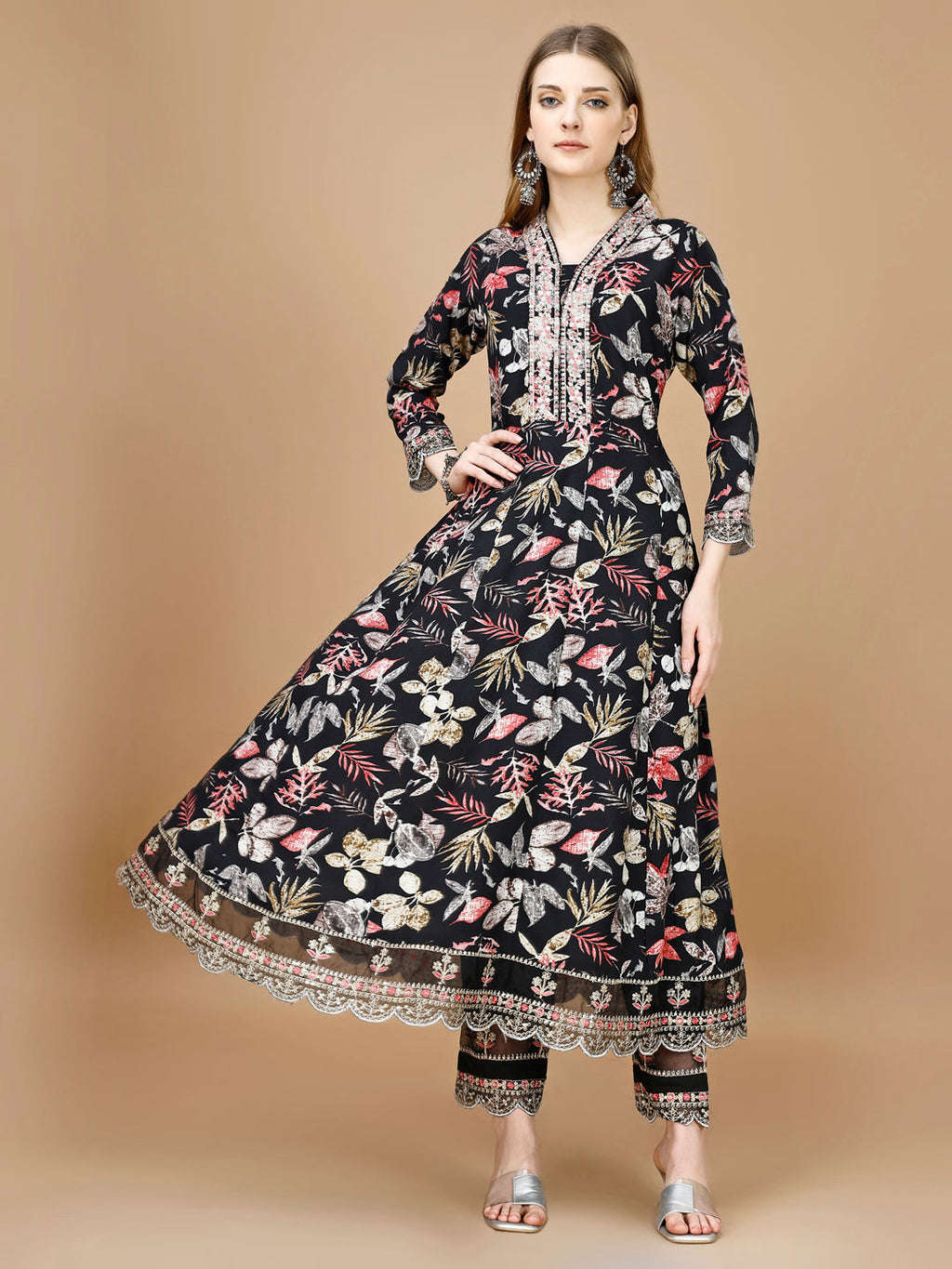 Floral Printed & Embroidered Anarkali Kurta With Embroidered Pant & Dupatta Premium Luxury, Multicolor - Hiral Fashion - Distacart