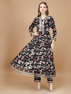 Floral Printed & Embroidered Anarkali Kurta With Embroidered Pant & Dupatta Premium Luxury, Multicolor - Hiral Fashion - Distacart
