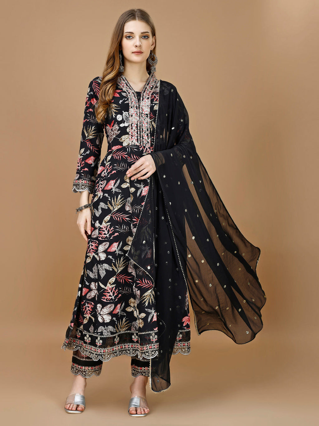 Floral Printed & Embroidered Anarkali Kurta With Embroidered Pant & Dupatta Premium Luxury, Multicolor - Hiral Fashion - Distacart