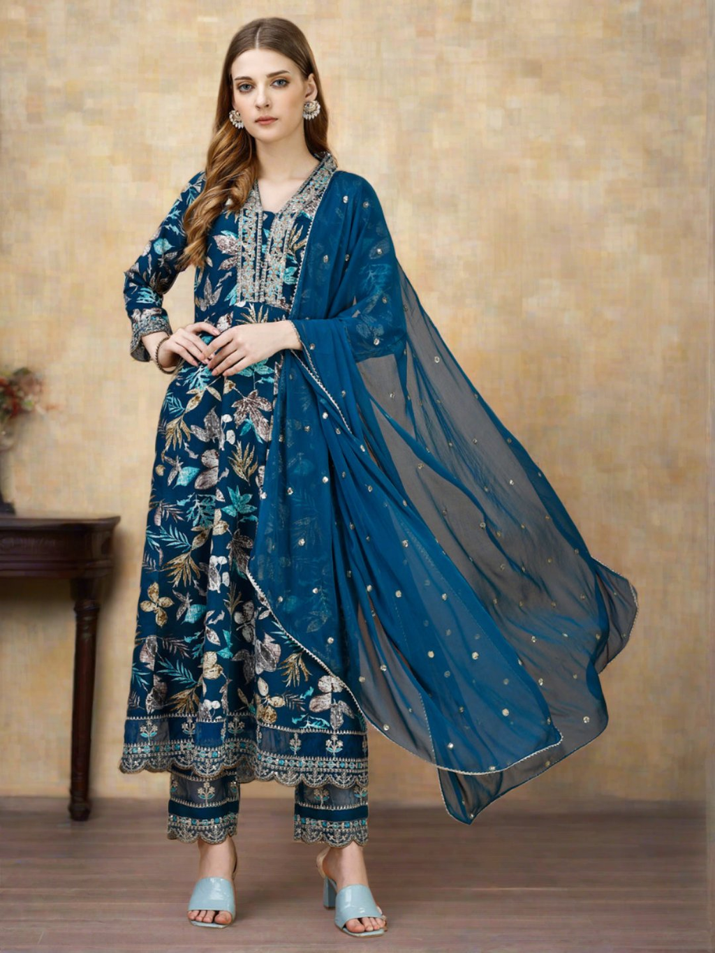 Floral Printed & Embroidered Anarkali Kurta With Embroidered Pant & Dupatta Premium Luxury, Multicolor - Hiral Fashion - Distacart