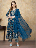 Floral Printed & Embroidered Anarkali Kurta With Embroidered Pant & Dupatta Premium Luxury, Multicolor - Hiral Fashion - Distacart