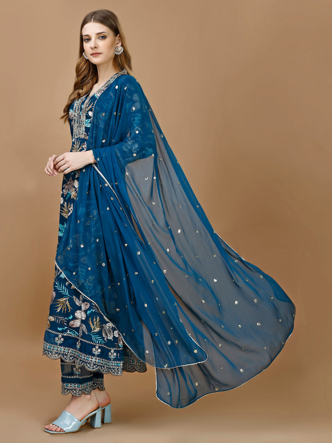 Floral Printed & Embroidered Anarkali Kurta With Embroidered Pant & Dupatta Premium Luxury, Multicolor - Hiral Fashion - Distacart