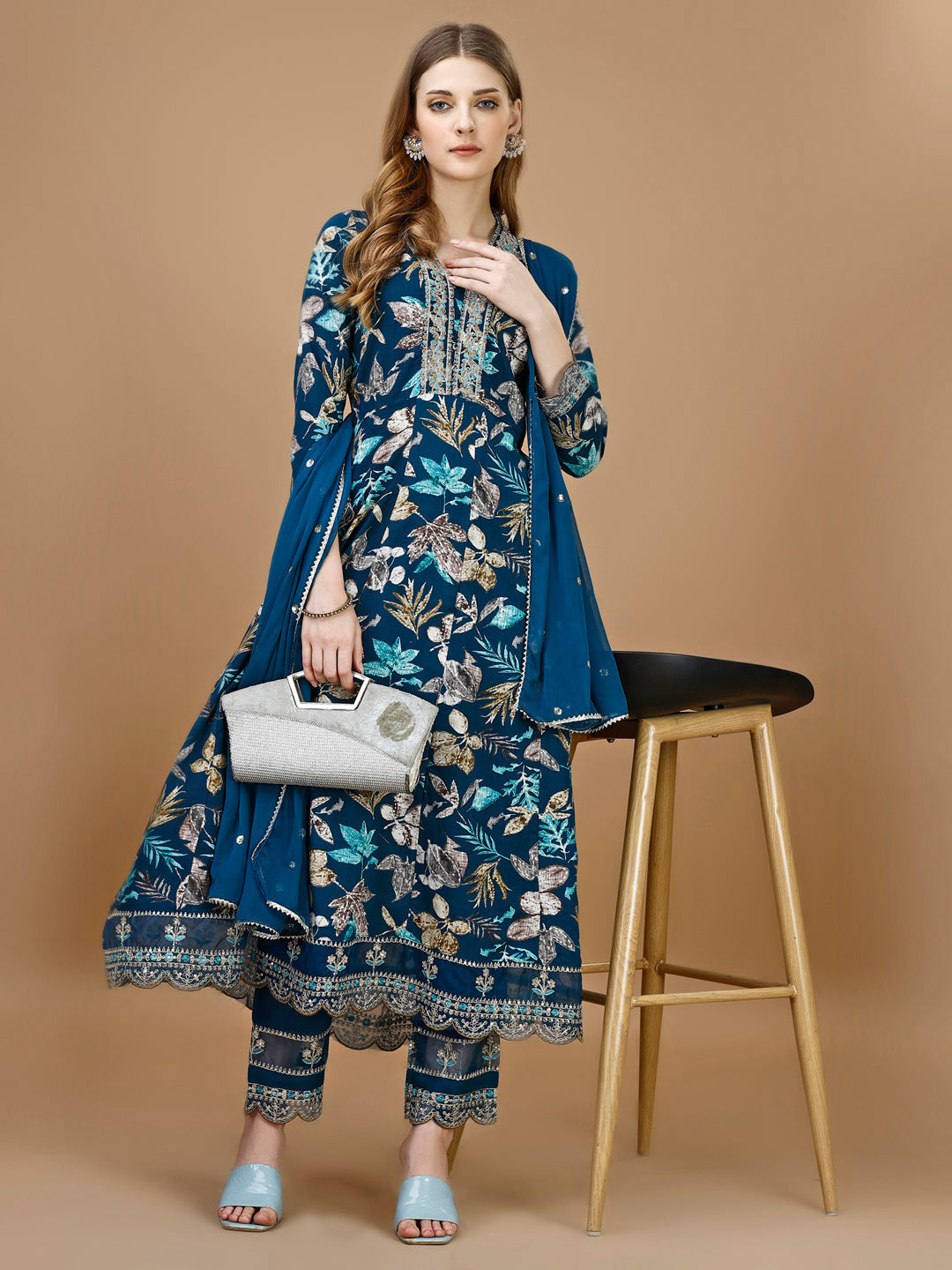 Floral Printed & Embroidered Anarkali Kurta With Embroidered Pant & Dupatta Premium Luxury, Multicolor - Hiral Fashion - Distacart