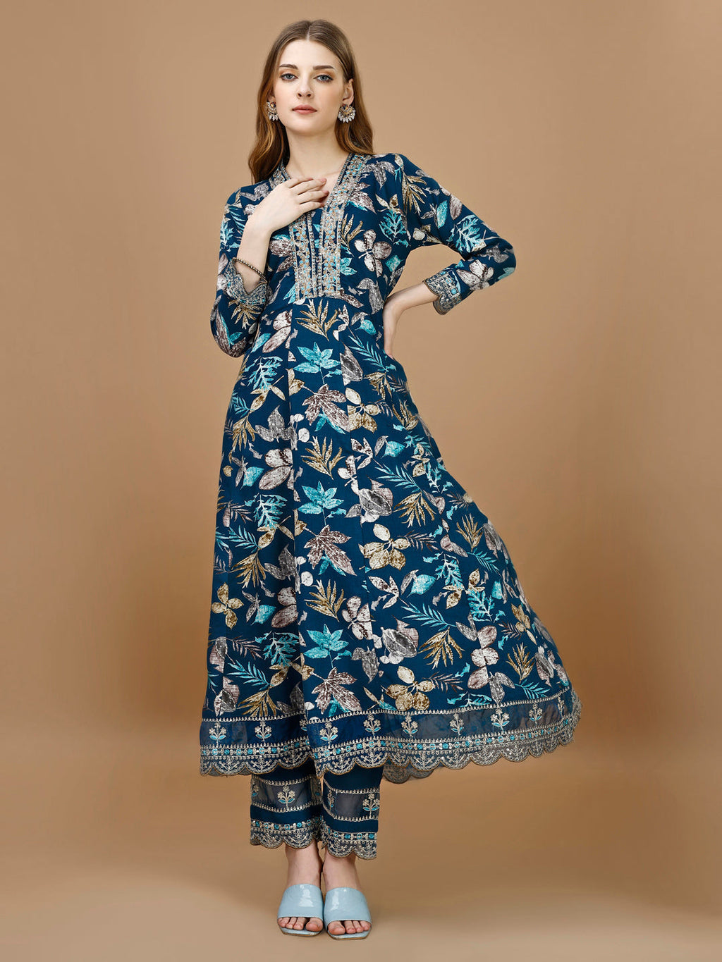 Floral Printed & Embroidered Anarkali Kurta With Embroidered Pant & Dupatta Premium Luxury, Multicolor - Hiral Fashion - Distacart