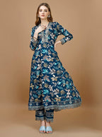 Floral Printed & Embroidered Anarkali Kurta With Embroidered Pant & Dupatta Premium Luxury, Multicolor - Hiral Fashion - Distacart