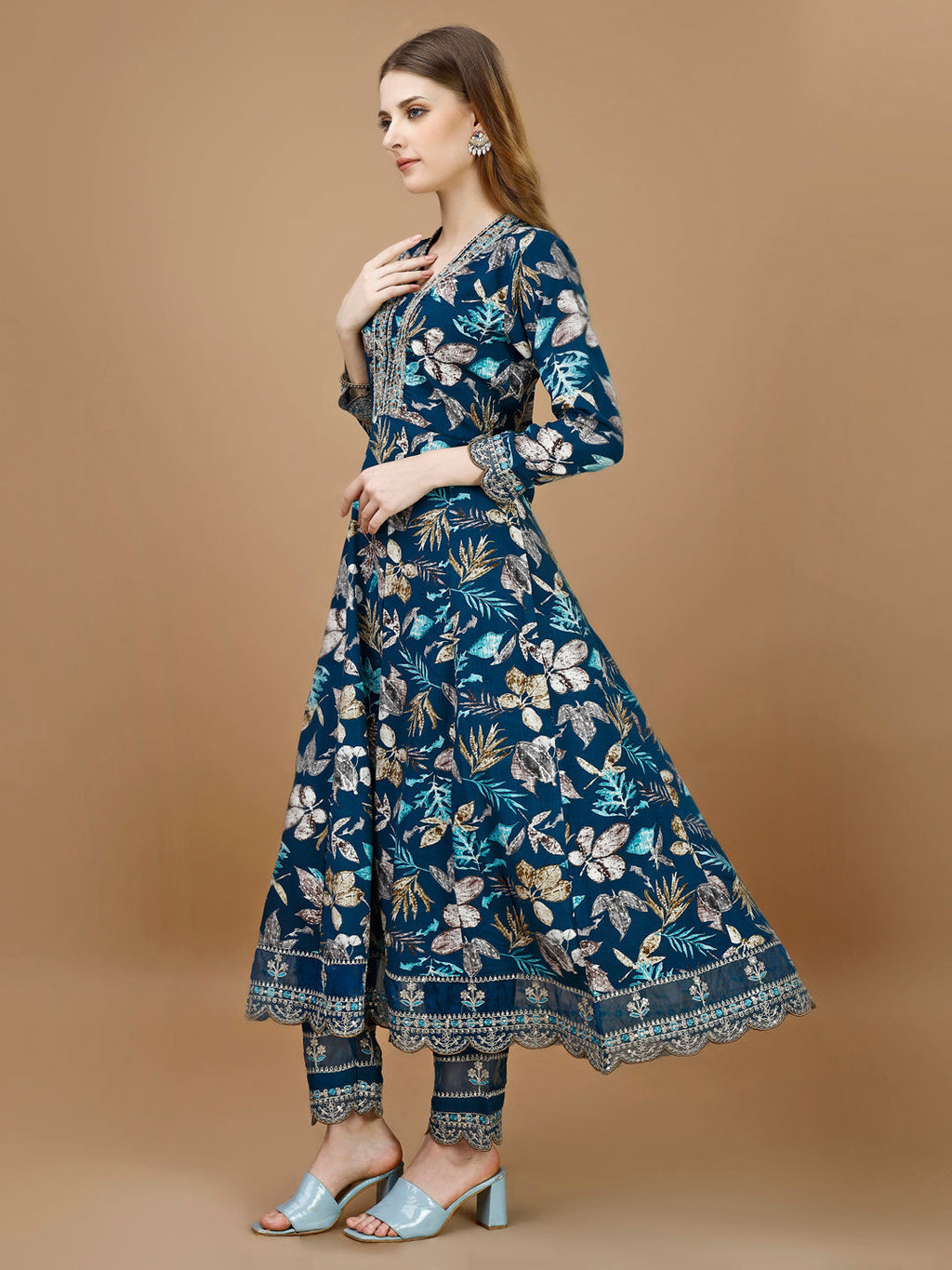 Floral Printed & Embroidered Anarkali Kurta With Embroidered Pant & Dupatta Premium Luxury, Multicolor - Hiral Fashion - Distacart