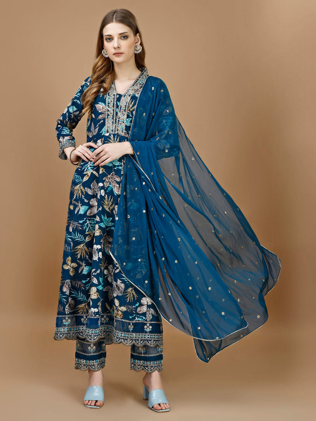 Floral Printed & Embroidered Anarkali Kurta With Embroidered Pant & Dupatta Premium Luxury, Multicolor - Hiral Fashion - Distacart