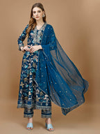 Floral Printed & Embroidered Anarkali Kurta With Embroidered Pant & Dupatta Premium Luxury, Multicolor - Hiral Fashion - Distacart