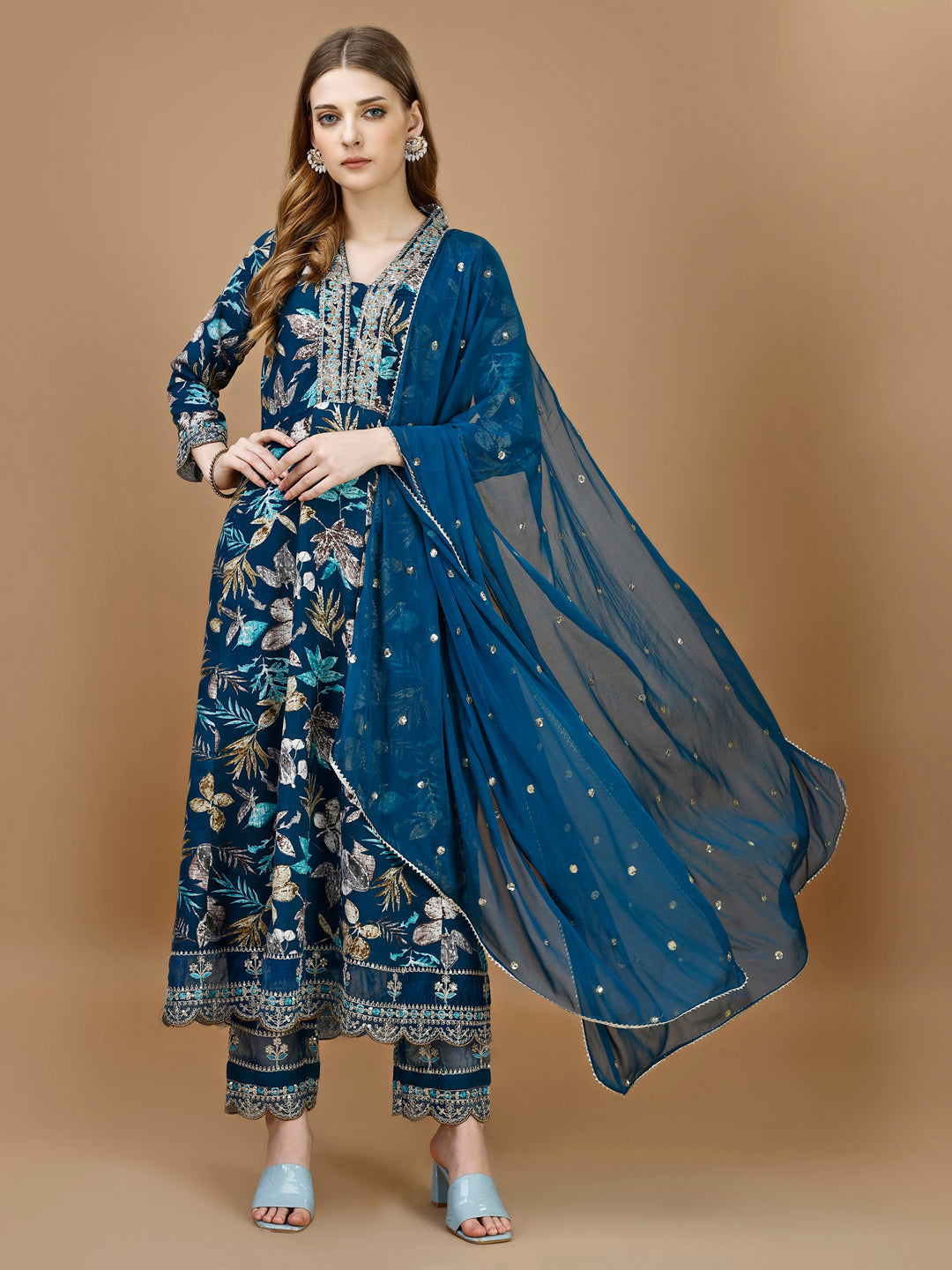 Floral Printed & Embroidered Anarkali Kurta With Embroidered Pant & Dupatta Premium Luxury, Multicolor - Hiral Fashion - Distacart