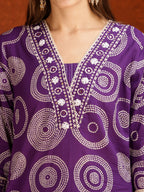 Embroidered & Printed Cotton Kurta With Pant And Dupatta, Purple - Hiral Fashion - Distacart