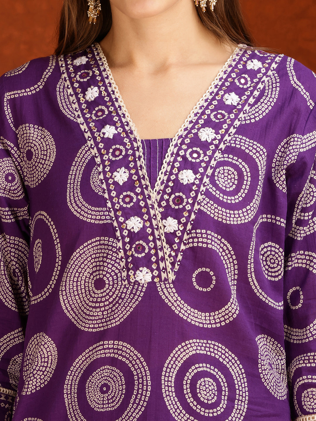 Embroidered & Printed Cotton Kurta With Pant And Dupatta, Purple - Hiral Fashion - Distacart