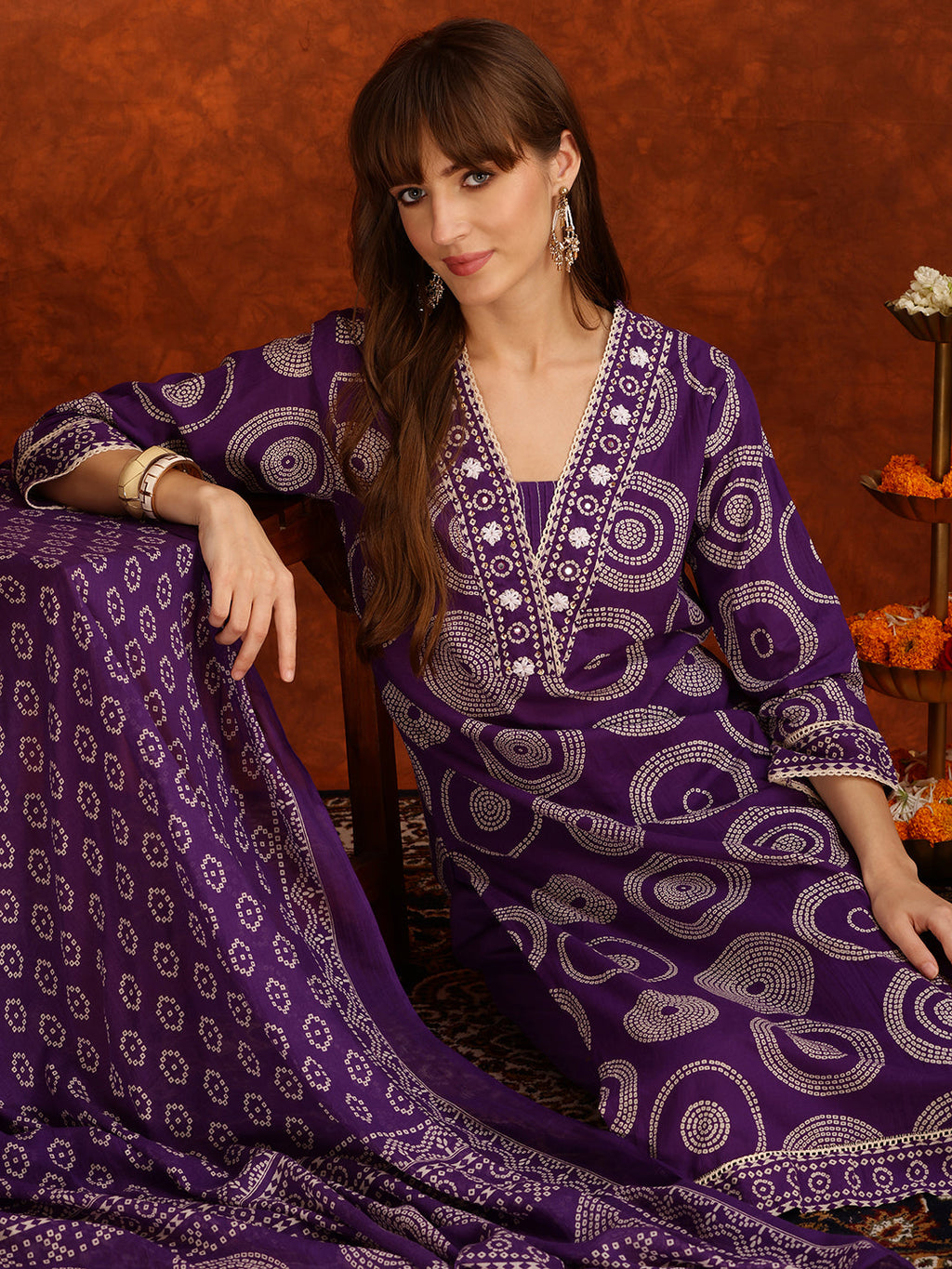 Embroidered & Printed Cotton Kurta With Pant And Dupatta, Purple - Hiral Fashion - Distacart