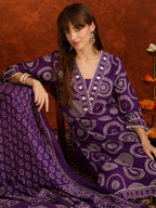 Embroidered & Printed Cotton Kurta With Pant And Dupatta, Purple - Hiral Fashion - Distacart
