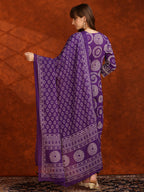 Embroidered & Printed Cotton Kurta With Pant And Dupatta, Purple - Hiral Fashion - Distacart