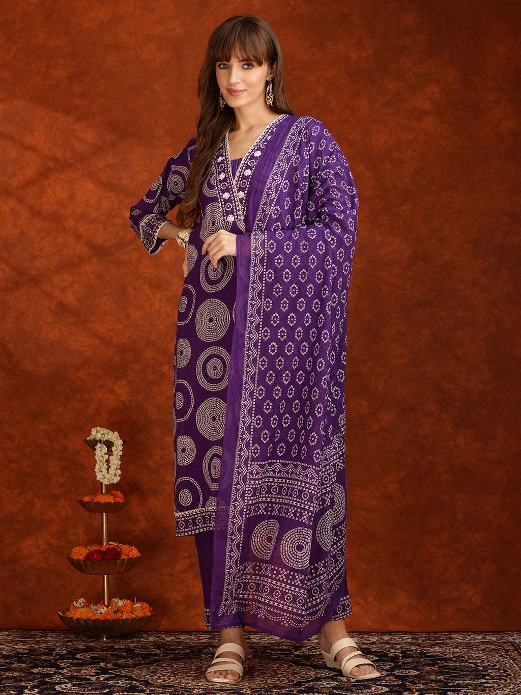 Embroidered & Printed Cotton Kurta With Pant And Dupatta, Purple - Hiral Fashion - Distacart