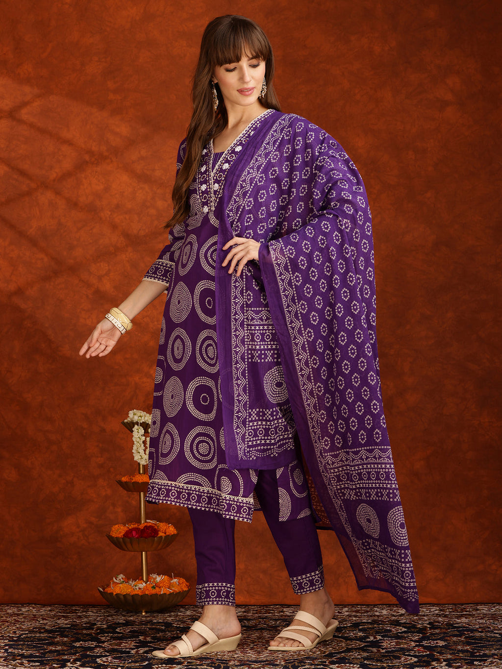 Embroidered & Printed Cotton Kurta With Pant And Dupatta, Purple - Hiral Fashion - Distacart