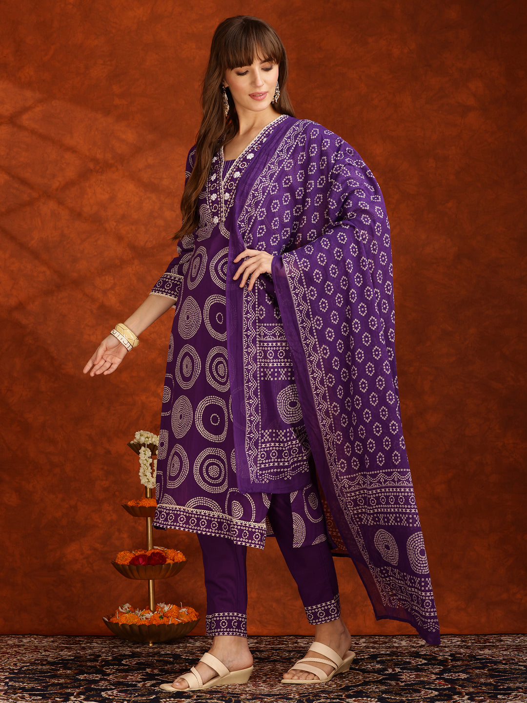 Embroidered & Printed Cotton Kurta With Pant And Dupatta, Purple - Hiral Fashion - Distacart