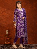 Embroidered & Printed Cotton Kurta With Pant And Dupatta, Purple - Hiral Fashion - Distacart