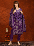 Embroidered & Printed Cotton Kurta With Pant And Dupatta, Purple - Hiral Fashion - Distacart
