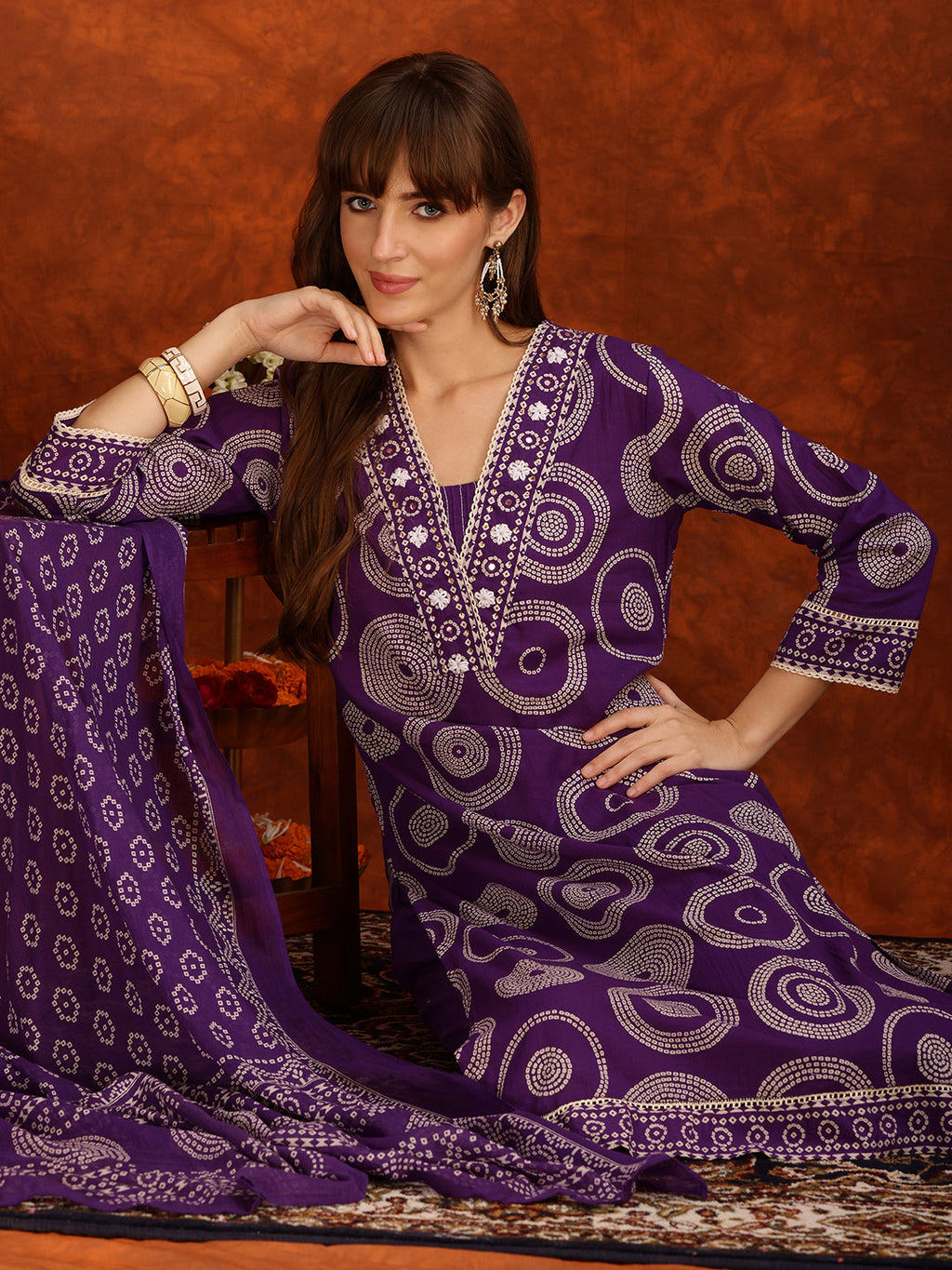 Embroidered & Printed Cotton Kurta With Pant And Dupatta, Purple - Hiral Fashion - Distacart