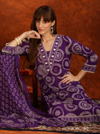 Embroidered & Printed Cotton Kurta With Pant And Dupatta, Purple - Hiral Fashion - Distacart