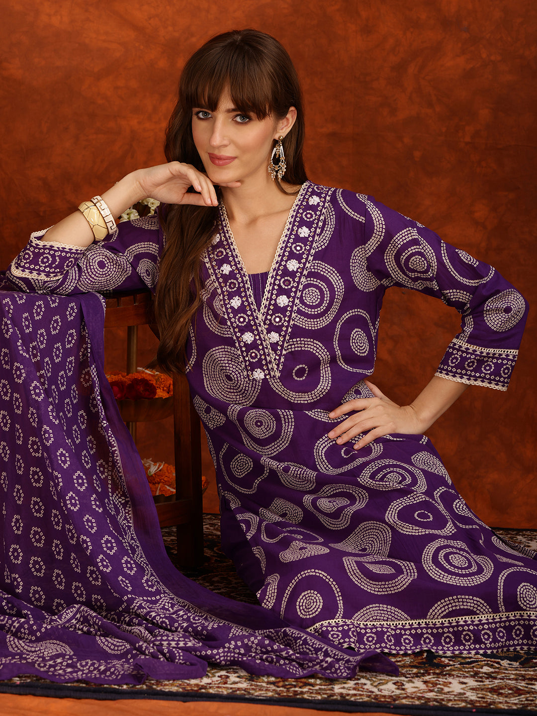 Embroidered & Printed Cotton Kurta With Pant And Dupatta, Purple - Hiral Fashion - Distacart
