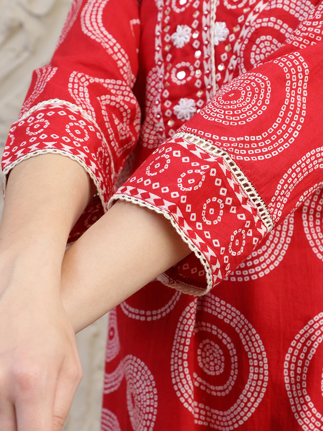 Embroidered & Printed Cotton Kurta With Pant And Dupatta, Red - Hiral Fashion - Distacart