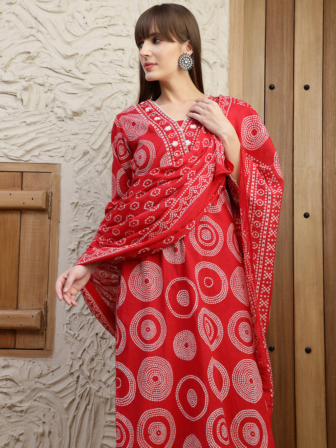Embroidered & Printed Cotton Kurta With Pant And Dupatta, Red - Hiral Fashion - Distacart