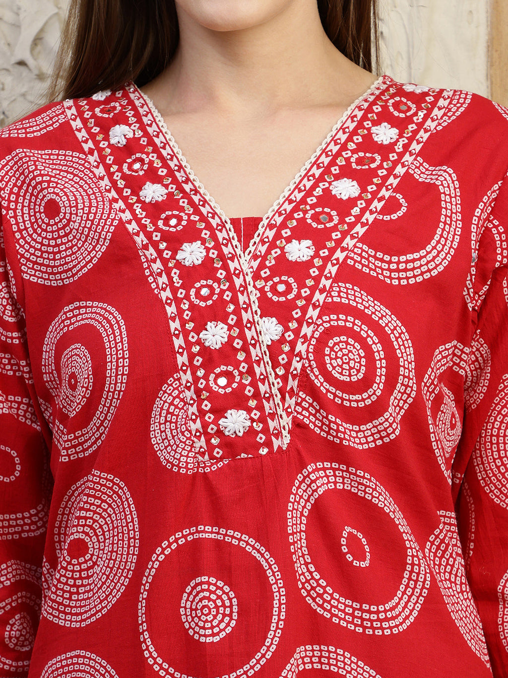 Embroidered & Printed Cotton Kurta With Pant And Dupatta, Red - Hiral Fashion - Distacart
