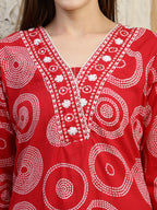 Embroidered & Printed Cotton Kurta With Pant And Dupatta, Red - Hiral Fashion - Distacart