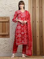 Embroidered & Printed Cotton Kurta With Pant And Dupatta, Red - Hiral Fashion - Distacart