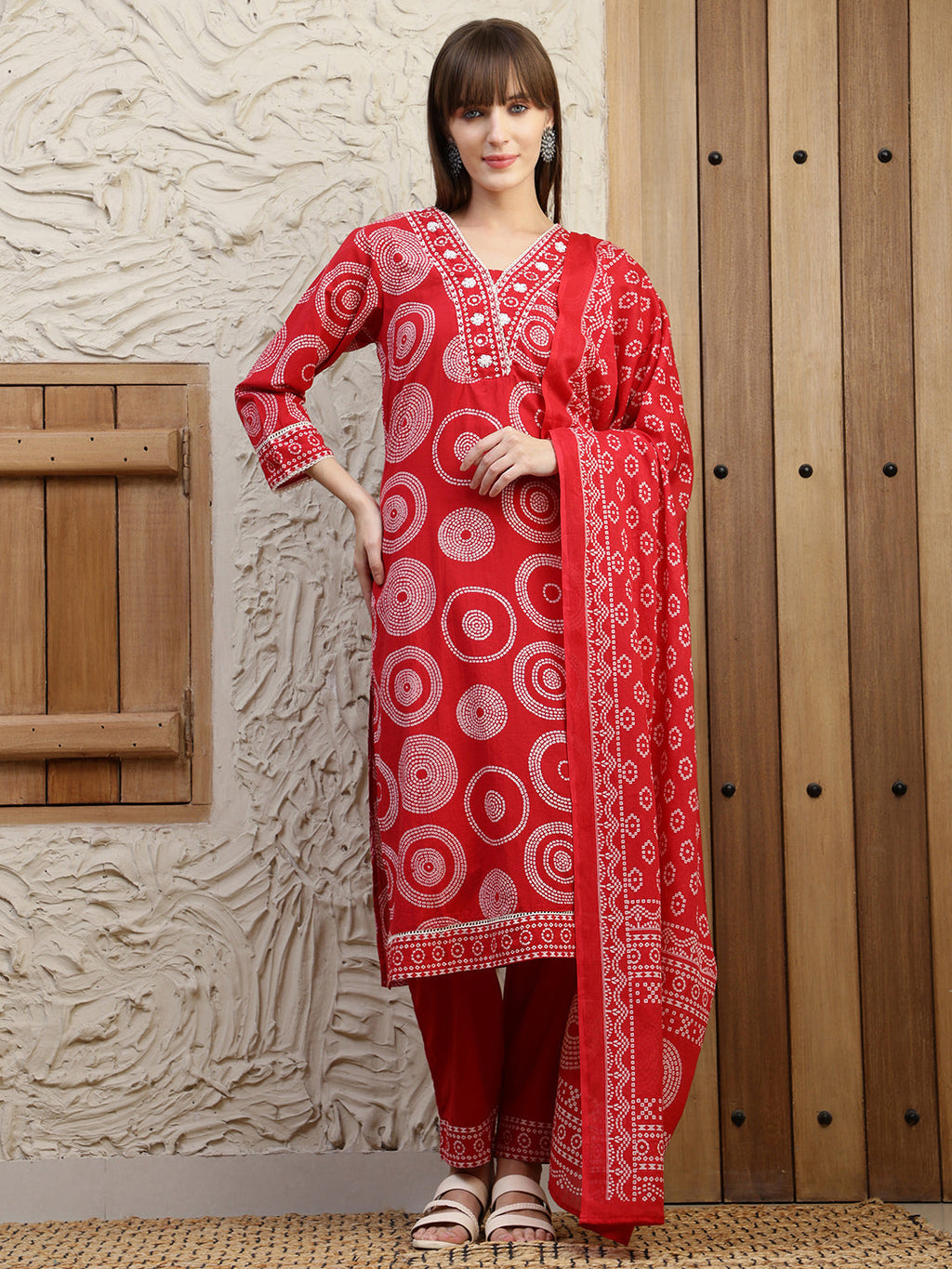 Embroidered & Printed Cotton Kurta With Pant And Dupatta, Red - Hiral Fashion - Distacart